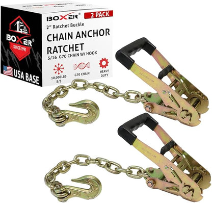 2" Ratchet Buckle with 516 G70 Forged Hook  Chain Extension 1.5 feet  2Pack - Double Locking Ratchet, Breaking Strength 10,000lbs Towing Tie Down