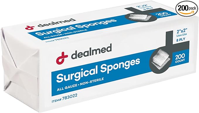 Dealmed 2" x 2" Surgical Sponges, 8-Ply, Non-Woven Absorbent Gauze Sponges for Wound Care, First Aid Kits and Medical Facilities, 200 Count (Pack of 1)