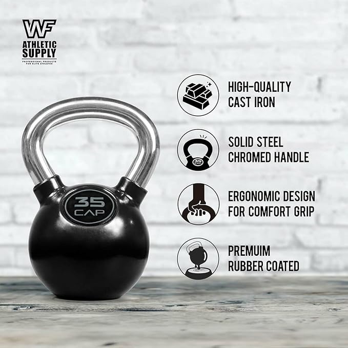 CAPHAUS Color Rubber Coated Kettlebell with Chrome Handle, Great for Cross Training, Swings, Body Workout and Muscle Exercise, Weight available: 10, 15, 20, 25, 30, 35  100, 125, 135lb Set with Rack