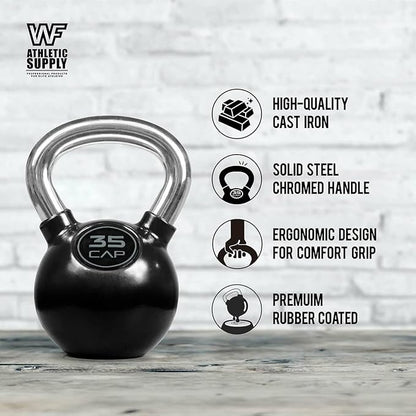 CAPHAUS Color Rubber Coated Kettlebell with Chrome Handle, Great for Cross Training, Swings, Body Workout and Muscle Exercise, Weight available: 10, 15, 20, 25, 30, 35  100, 125, 135lb Set with Rack