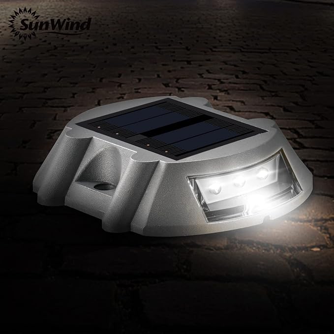 Sunwind Solar Deck Lighting Outdoor - 4 Pack Waterproof Aluminum Dock Solar Powered Lights Outdoor LED Pathway Road Marker for Garden Path Stair Fence Driveway Road Dock Lighting (White)
