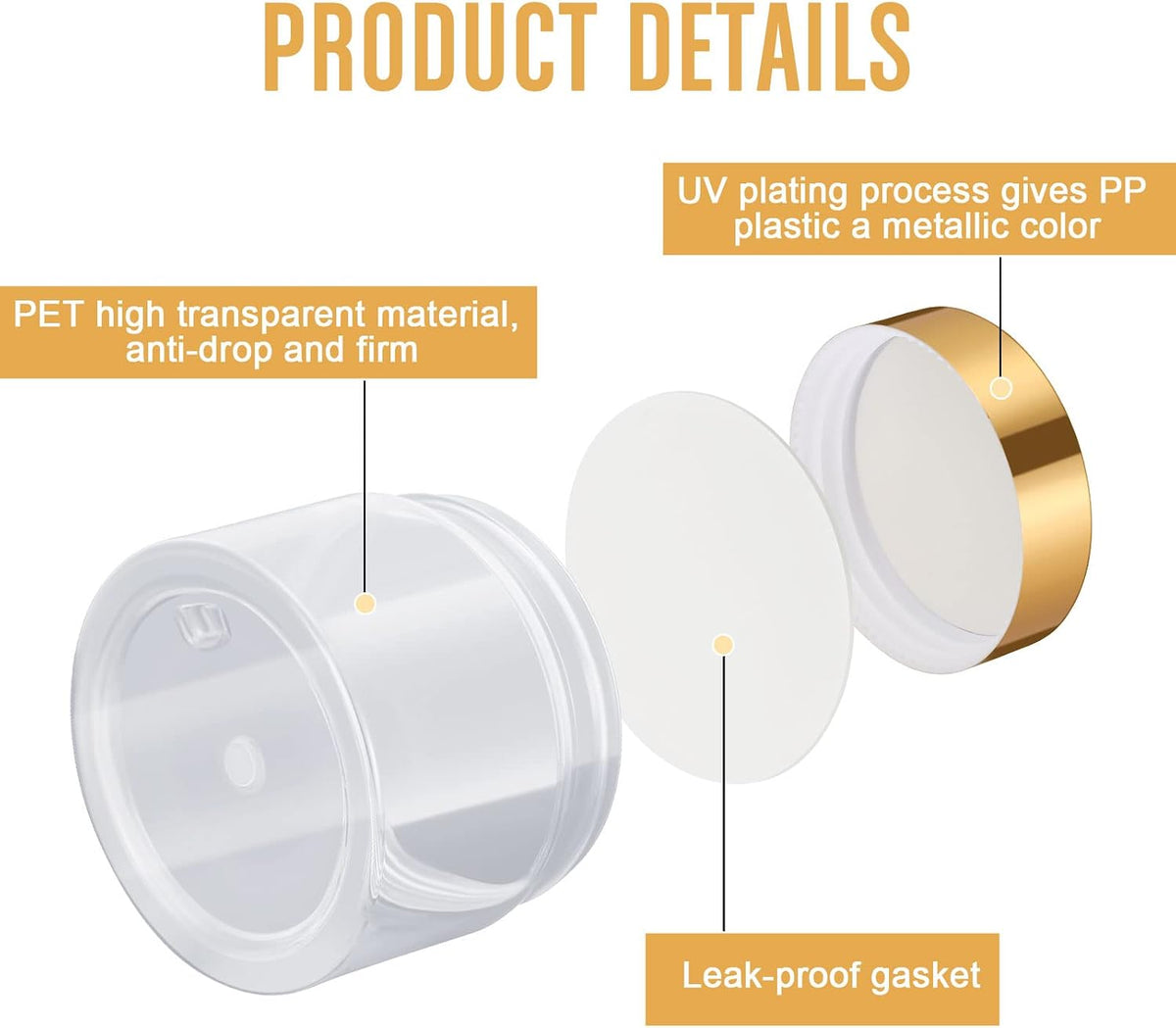 SATINIOR 100 Pcs Plastic Jars with Lids Small Containers Lids Wide Mouth Small Plastic Containers for Lotion Cream Rhinestones Body Butters Travel Storage(2 oz,Gold