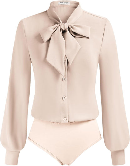 Kate Kasin Women Bow Tie Neck Blouse, Button Down Long Sleeve Bodysuits Top | Business Casual Outfits Dressy, Fall Professional Clothes, Work Office Interview Attire, Collared Body Suits Shirt