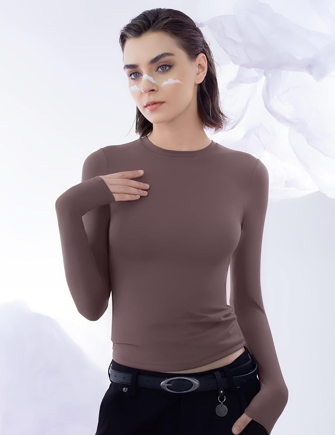 PUMIEY Women's Long Sleeve T Shirts Crew Neck Slim Fit Tops Sexy Basic Tee Smoke Cloud Pro Collection