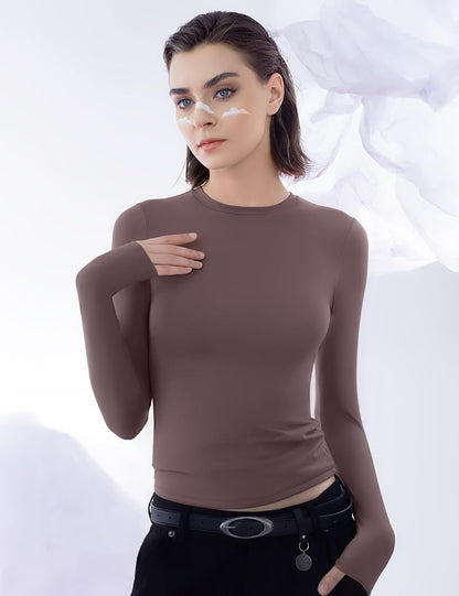 PUMIEY Women's Long Sleeve T Shirts Crew Neck Slim Fit Tops Sexy Basic Tee Smoke Cloud Pro Collection