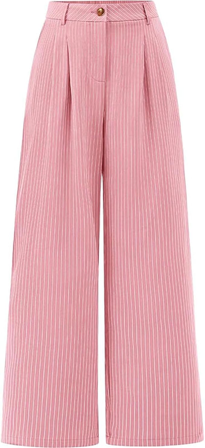 Women Wide Leg Dress Pants Striped Wide Leg Pants High Waisted Loose Fit Business Casual Work Trousers with Pockets