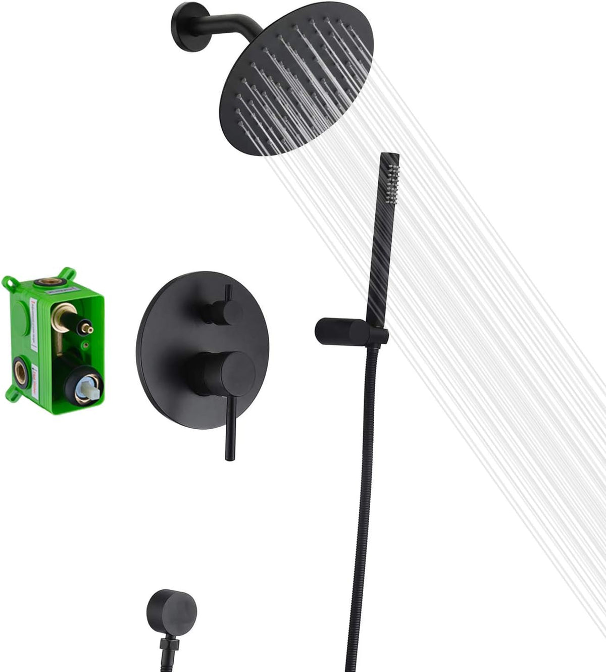 Matte black shower fixtures with touch-clean design and durable metal construction that resists calcium and lime buildup.