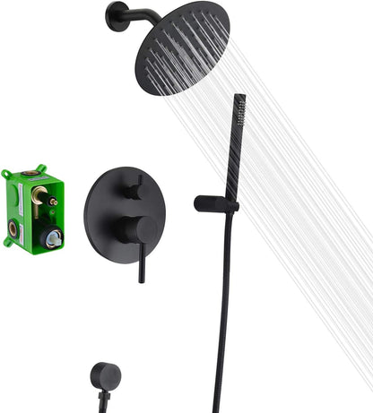 Matte black shower fixtures with touch-clean design and durable metal construction that resists calcium and lime buildup.