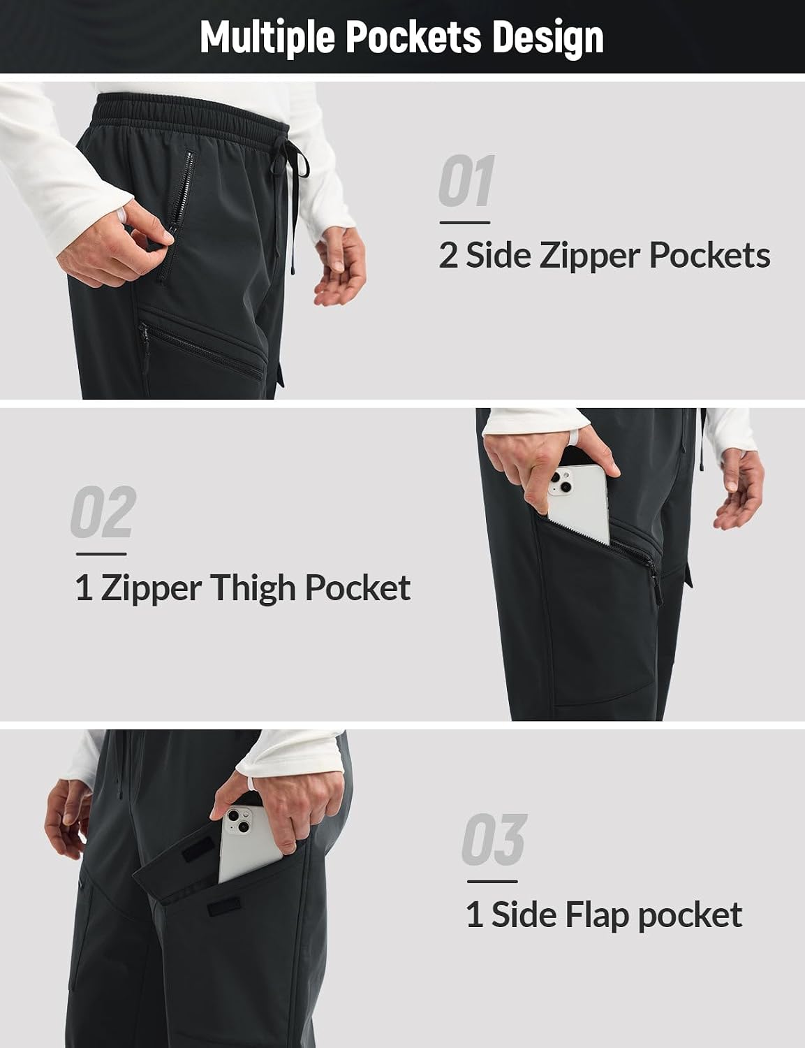 baleaf Men's Fleece Lined Hiking Cargo Pants Softshell Water Resistant Snow Thermal Pants Winter Insulate with Zipper Pocket.