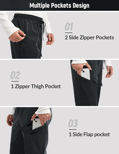 baleaf Men's Fleece Lined Hiking Cargo Pants Softshell Water Resistant Snow Thermal Pants Winter Insulate with Zipper Pocket.
