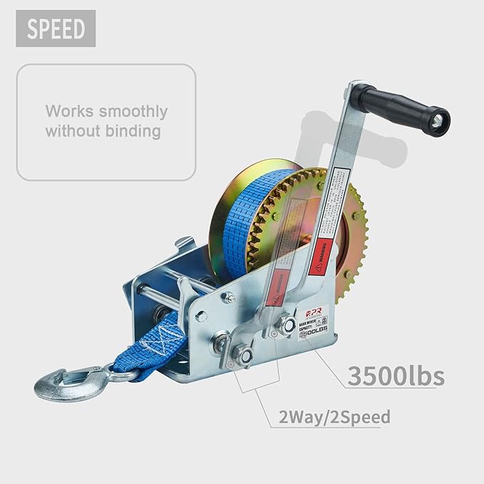 OPENROAD Boat Winch 3500lbs Hand Winch, with 32ft Blue Strap and 2 Speed switchable, for Boat Trailer Towing Winch