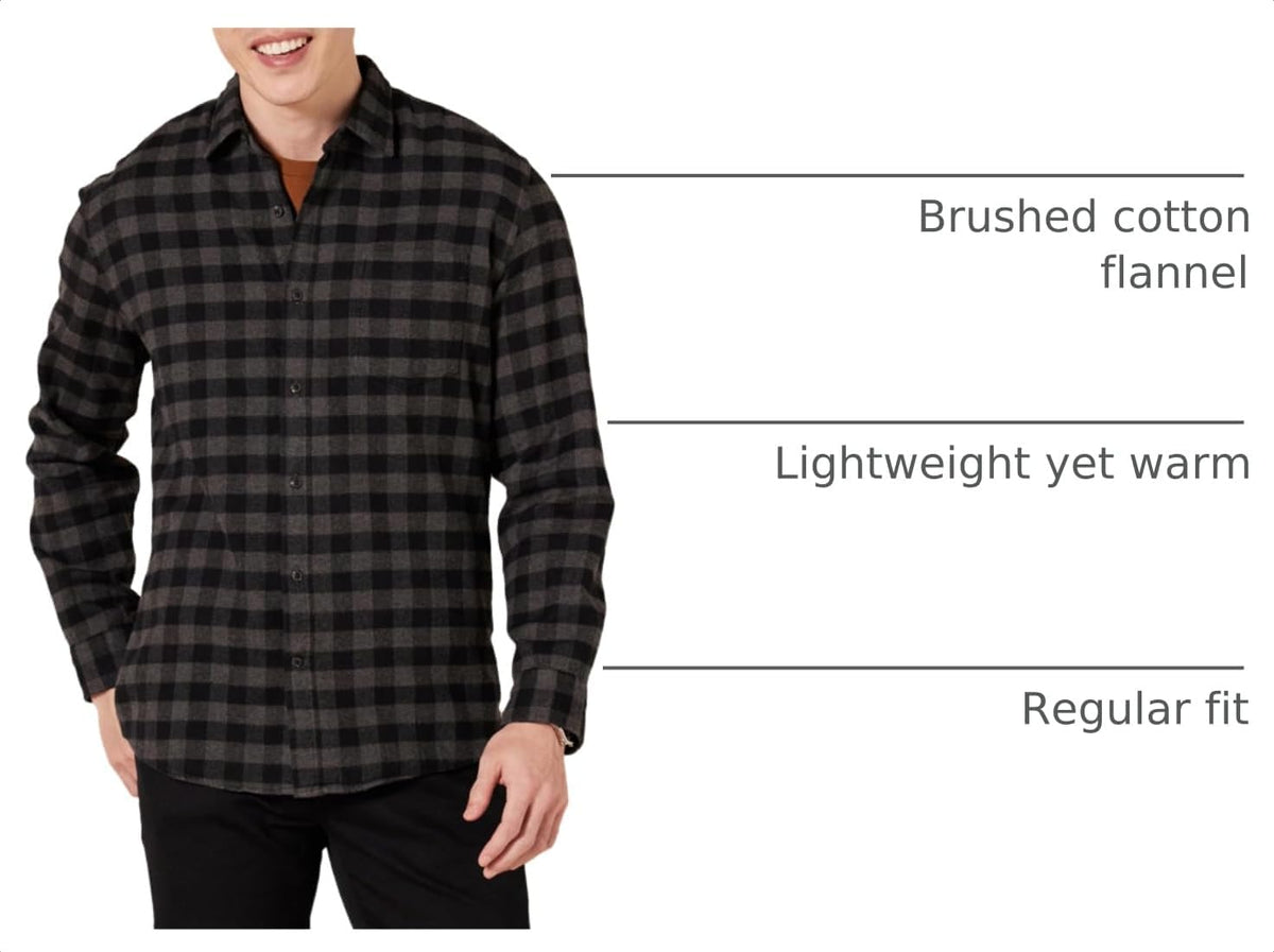 Essentials Men's Regular Fit Long-Sleeve Flannel Shirt, Soft Brushed Cotton, Lightweight yet Warm
