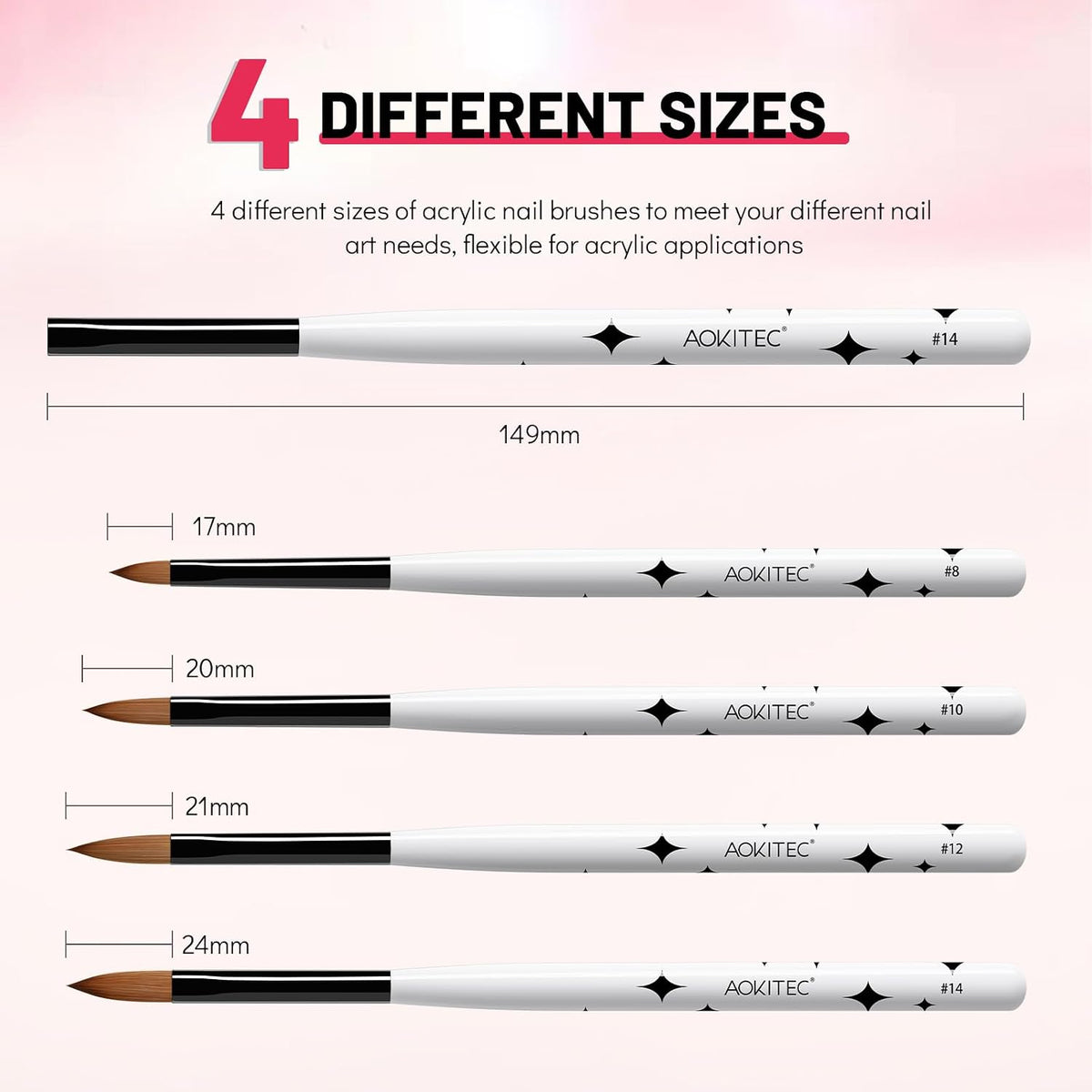 4-piece acrylic nail brush set from Aokitec, perfect for beginners and professionals, with high-quality Kolinsky brushes.
