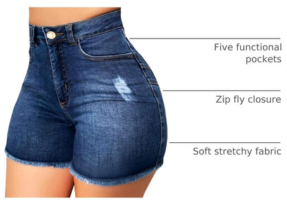 Women High Waisted Skinny Stretchy Denim Shorts Casual Summer Frayed Raw Hem Distressed Ripped Short Jeans