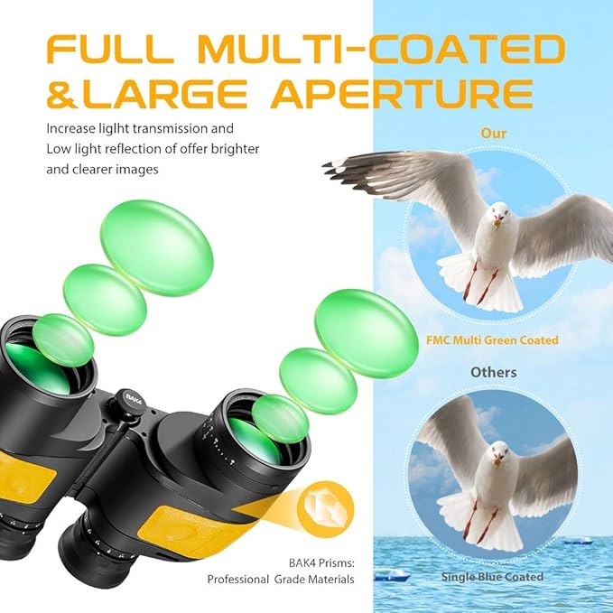 Hooway 7x50 Waterproof Fogproof Military Marine Binoculars wInternal Rangefinder  Compass for Navigation,Boating,Fishing,and More