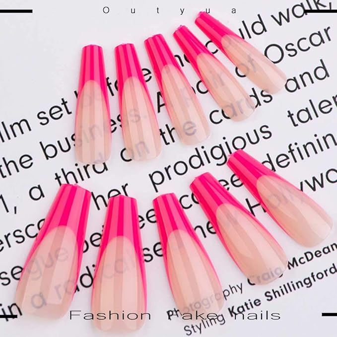 French Extra Long Press on Nails Glossy Coffin Fake Nails V Shape Super Long False Nails Acrylic Ballerina Full Cover Nails 20Pcs for Woemen and Girls (Hot Pink)