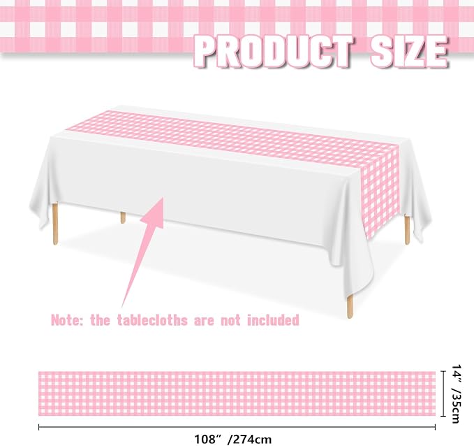 5 Pack Pink Gingham Table Runner, Pink and White Checkered Tablecloths 14 x 108 Inches Rectangular Waterproof Picnic Table Runner for Birthday Party Holiday Outdoor Supplies