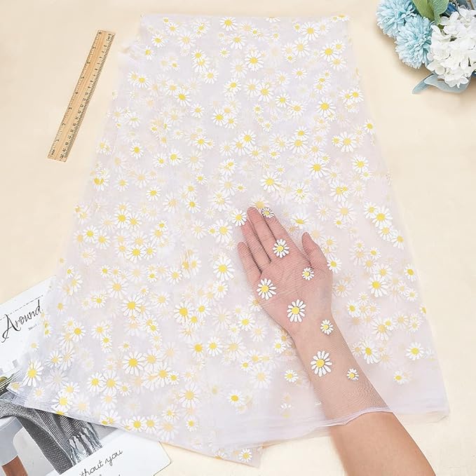 BENECREAT 4 Yard Daisy Flower Print Fabric, White Tulle Lace Ribbon for Wedding Dress Skirt DIY Sewing Decorations Craft Supplies