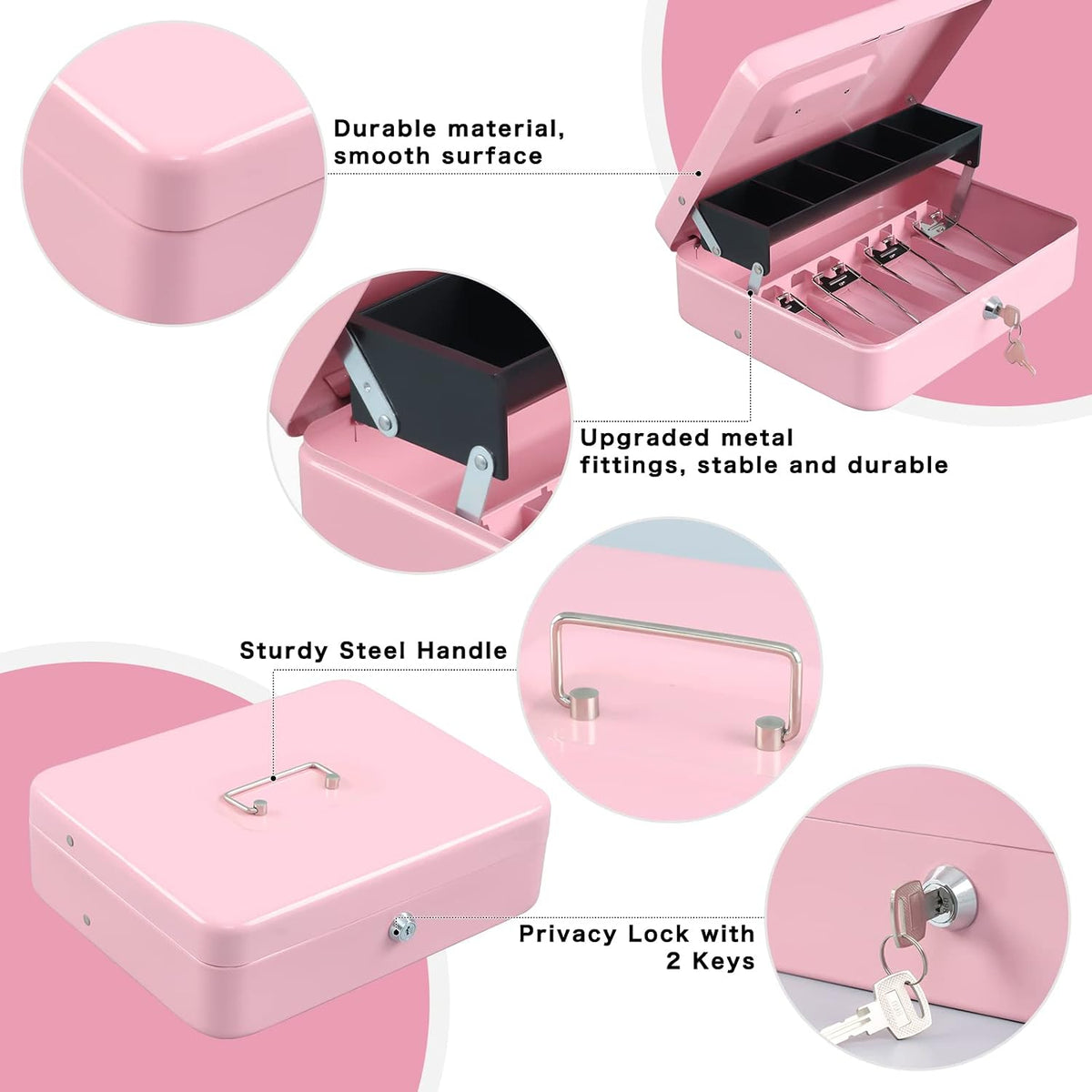 Cash Box with Money Tray and Key Lock,Tiered, Cantilever Design,4 Bill / 5 Coin Slots,11.8" x 9.5" x 3.5",Pink