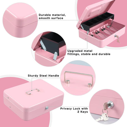 Cash Box with Money Tray and Key Lock,Tiered, Cantilever Design,4 Bill / 5 Coin Slots,11.8" x 9.5" x 3.5",Pink
