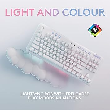 Logitech G715 Wireless Mechanical Gaming Keyboard with LIGHTSYNC RGB, LIGHTSPEED, Clicky Switches (GX Blue), and Keyboard Palm Rest, PCMac Compatible - White Mist