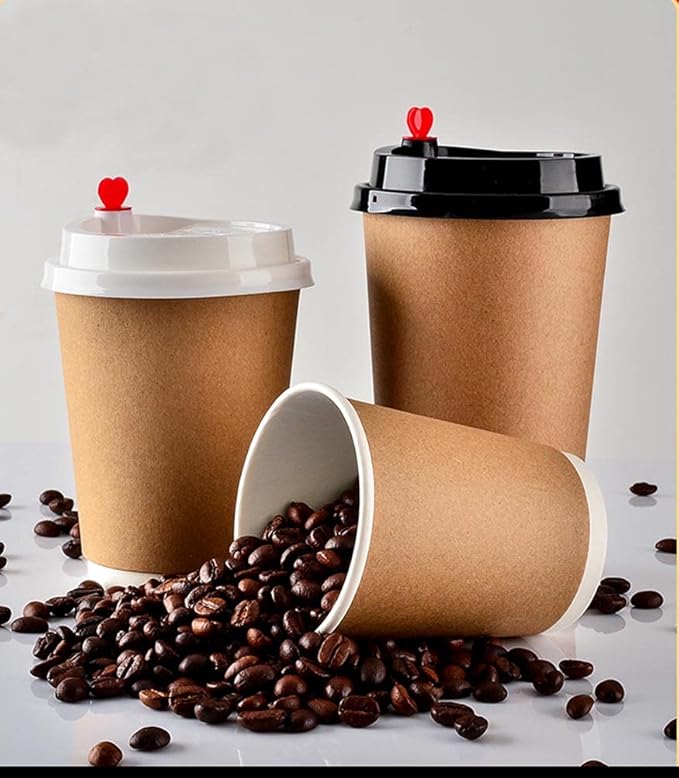 DKZ Kraft Paper Corrugated Paper Cups, Biodegradable Beverage Paper Cups, Disposable Take-Out Kraft Paper Cups, Take-Out Paper Cup Lids (100 8oz White Paper Cup lids)