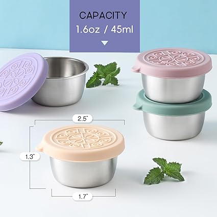 6 Pack Salad Dressing To Go Containers, 1.6 oz Small Stainless Steel Sauce Cups With Leakproof Silicone Lids, For Lunch Boxes, Picnics and Travel