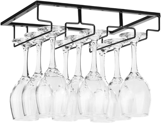 Wine Glass Rack - Under Cabinet Stemware Wine Glass Holder Glasses Storage Hanger 2 Pack Metal Organizer for Bar Kitchen 4 Rows Black