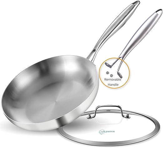 LOLYKITCH 12 Inch Tri-ply 18/8 Stainless Steel Chef's Pan,Frying Pan with Lid,Skillet,Induction Cooking Pan,Pot and Pan Set,Dishwasher and Oven Safe,Detachable Handle.