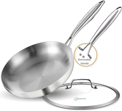 LOLYKITCH 12 Inch Tri-ply 18/8 Stainless Steel Chef's Pan,Frying Pan with Lid,Skillet,Induction Cooking Pan,Pot and Pan Set,Dishwasher and Oven Safe,Detachable Handle.