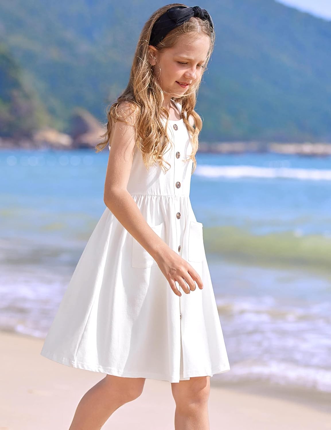 Arshiner Girl's Spaghetti Strap Button Down Midi Sleeveless Summer Casual Sundress A-line Dress with Pockets.