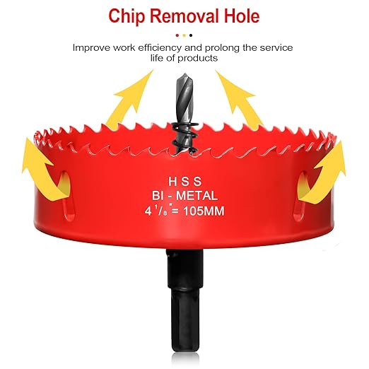 Hole Saw 4 18 (105mm) for Wood and Plastic, HSS Bi-Metal Hole Cutter Core Drill Bit for Drywall, PVC Boards, Fiberglass and Vent Pipes