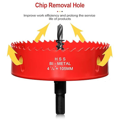 Hole Saw 4 18 (105mm) for Wood and Plastic, HSS Bi-Metal Hole Cutter Core Drill Bit for Drywall, PVC Boards, Fiberglass and Vent Pipes