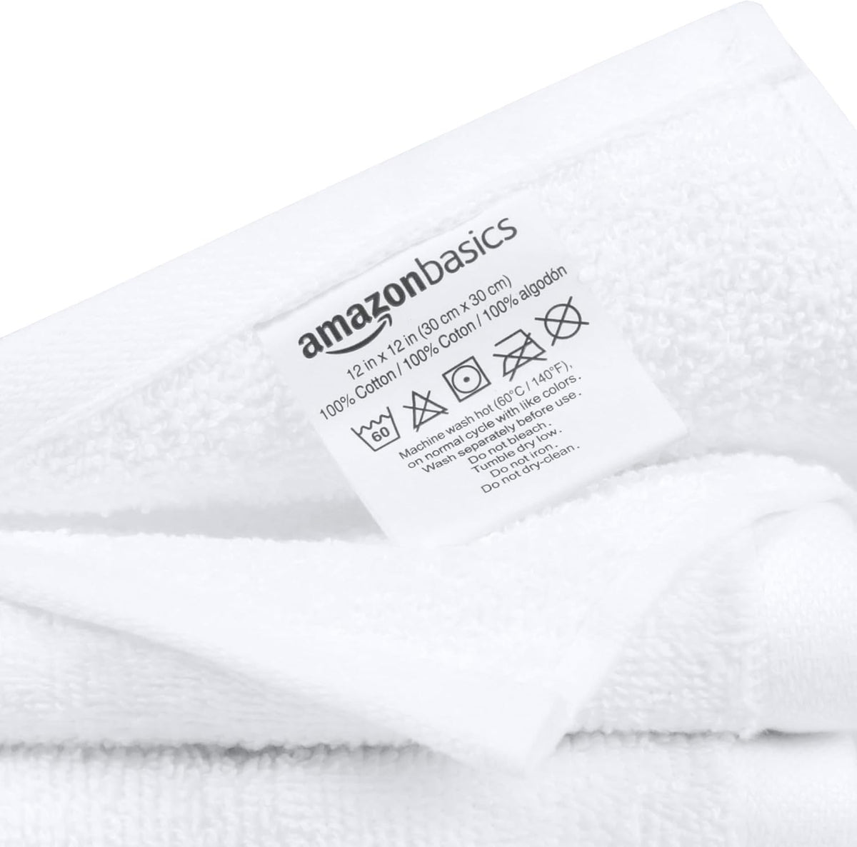 Basics Fast Drying Cotton Washcloths for Bathroom, Machine Washable, Soft and Highly Absorbent, 12 x 12 in, White, 24-Pack