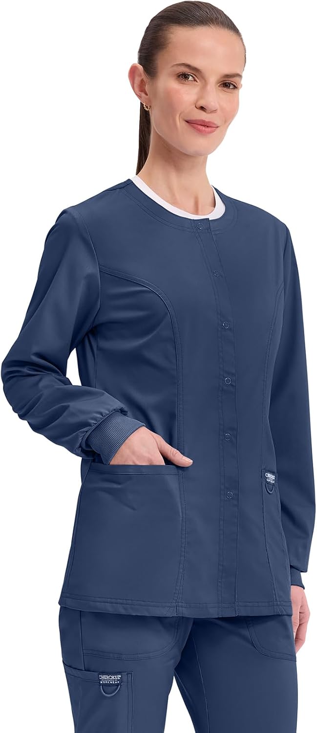 Cherokee Womens Scrub Jacket Nurse Snap Front Medical Uniform with Pockets, 2-Way Stretch, Easy Care Soft Fabric - WW310