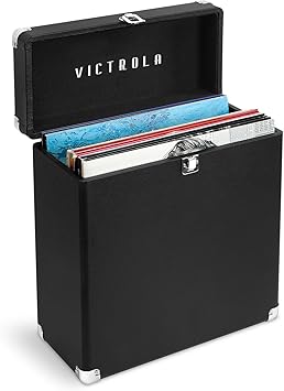 Victrola Vintage Vinyl Record Storage and Carrying Case, Fits all Standard Records - 33 13, 45 and 78 RPM, Holds 30 Albums, Perfect for your Treasured Record Collection, Black