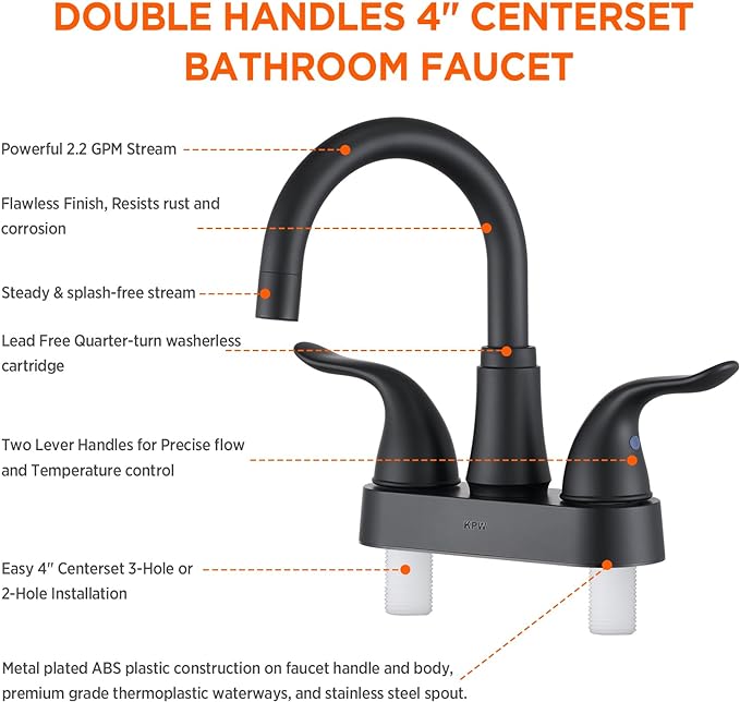 KPW Bathroom Sink Faucet 2 or 3 Hole Matte Black Centerset 4 Inch Bathroom Sink Faucet 2 Handle Plating Over ABS Plastic Non-Metallic Lavatory Bathroom Faucet with Pop up Drain Water Supply Hoses