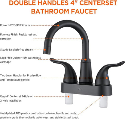 KPW Bathroom Sink Faucet 2 or 3 Hole Matte Black Centerset 4 Inch Bathroom Sink Faucet 2 Handle Plating Over ABS Plastic Non-Metallic Lavatory Bathroom Faucet with Pop up Drain Water Supply Hoses