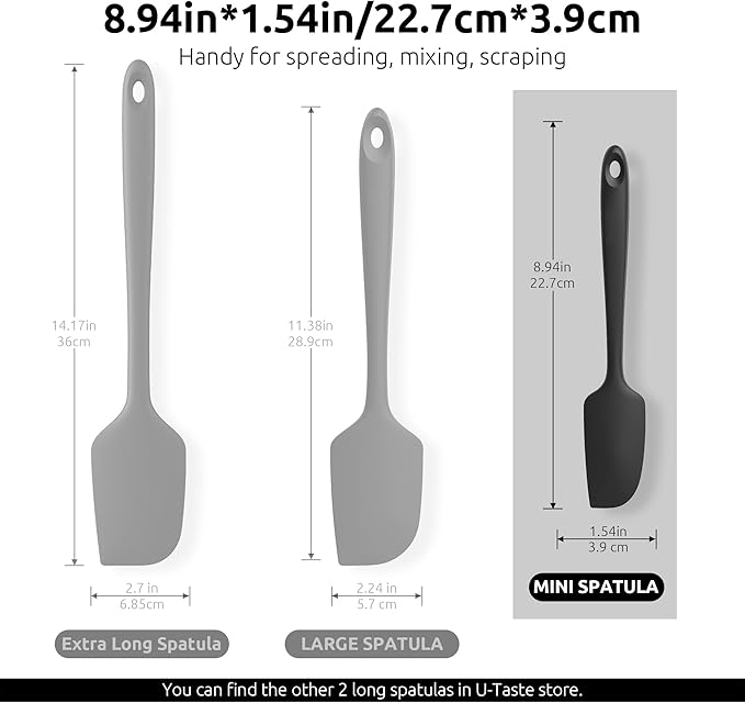 U-Taste Small Mini Silicone Spatula: 92inch 600oF Heat-Resistant Food-Grade Jar Scraper for Kitchen Use, Non-Stick Seamless Flexible Baking Utensil for Mixing, Scraping Jam in Bowl or Cup (Black)