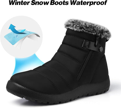 SHIBEVER Women Winter Snow Boots: Black Waterproof Walking Booties Non Slip Fur Lined Warm Outdoor Ankle Short Boot