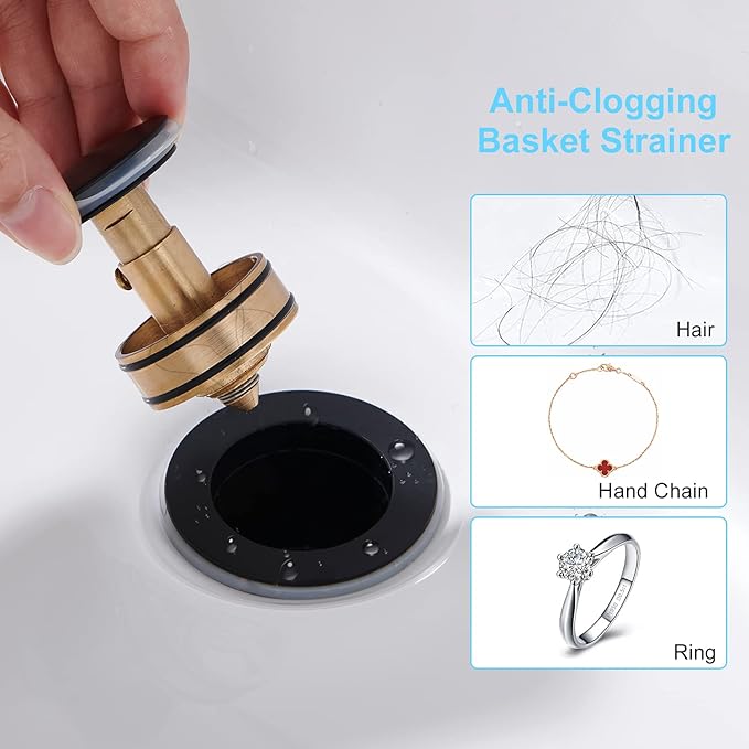 CREA Bathroom Sink Drain, Bathroom Sink Stopper with Drain Hair Catcher Pop Up Drain 1 12" for Bathroom Vanity Kitchen Sink with Overflow, Matte Black