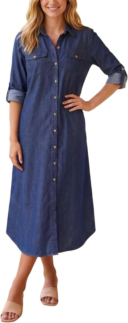 Kuraki denim maxi dress with button-front, slim fit, soft fabric, versatile style, wardrobe essential.