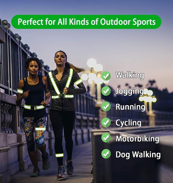 Reflective Vest, Reflective Glow Belt with 2Pack Reflector Armbands, Adjustable Elastic Safety Vest Outdoor Reflective Belt High Visibility, Ultralight & Comfy for Running, Jogging, Walking, Cycling,