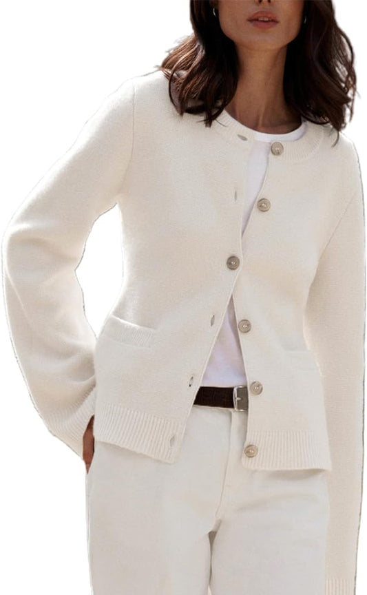 SOLILOQUY Womens Slim Fit Cardigan Sweaters Long Sleeve Button Down Open Front Solid Crop Sweater Coat with Pockets