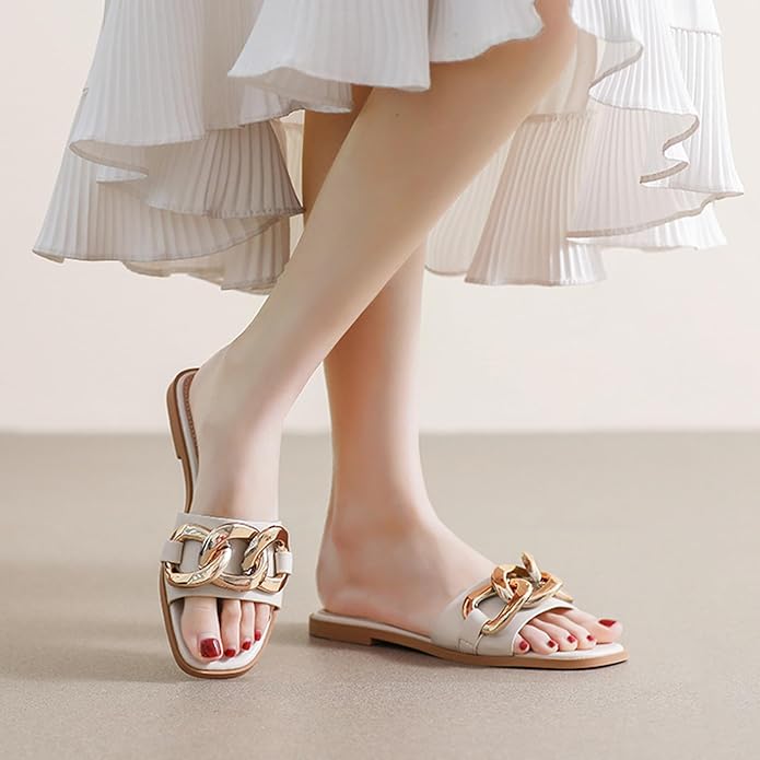 Zeberfi Women's Metal Chain Flat Slide Sandals Fashion Square Open Toe Single Band Slippers for Summer