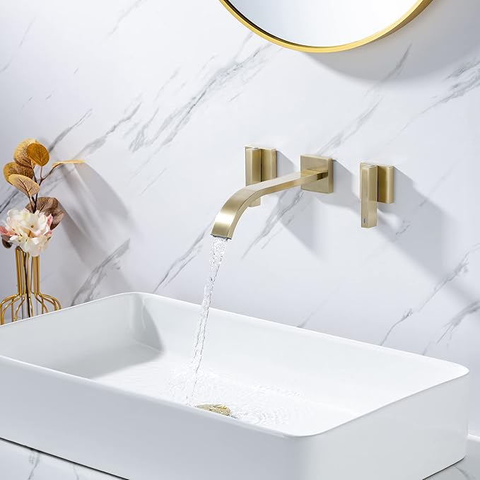 Brass Wall Faucet Brushed Gold Wall Mounted Bathroom Faucet, Wall Mount Bathroom Sink Faucet, Dual Lever Handle, Rough-in Valve Included, Pt001-BG