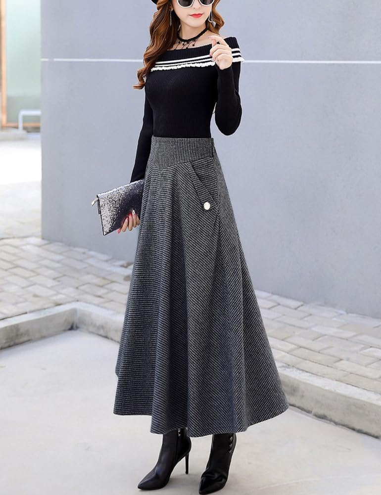 chouyatou Women's Elegant Houndstooth Plaid A Line Pleated Swing Midi Long Wool Skirt with Pockets