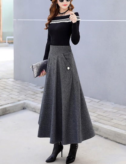 chouyatou Women's Elegant Houndstooth Plaid A Line Pleated Swing Midi Long Wool Skirt with Pockets