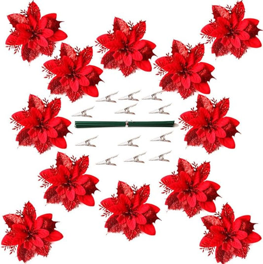 Artificial Poinsettias Christmas Flowers, 12 Pcs Fake Christmas Flowers with Clips and Stems for Wreath Garland, Wedding, Holiday Christmas Tree Ornaments Decor