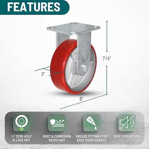 6 Inch Rigid Fixed Caster - 6 X 2 Polyurethane on Iron Wheel - 1200 Lb Weight Capacity - Great for Tool Box Replacements or Heavy Equipment - Easy Push - CasterHQ Brand